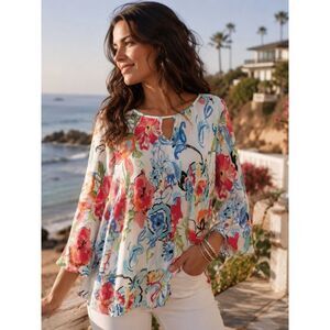 Spence Colorful Coastal Artsy Floral Print White Blouse Vacation Summer Top